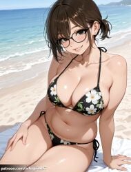 1girl ai_generated arlequin097 arm_support bare_arms bare_shoulders beach bikini black-framed_eyewear black_bikini black_eyes blush breasts brown_hair call_of_the_night cleavage collarbone day ear_piercing earrings fingernails floral_print glasses grin halterneck hand_on_own_thigh jewelry large_breasts looking_at_viewer navel ocean outdoors parted_lips piercing print_bikini sand shore short_hair short_ponytail side-tie_bikini_bottom sitting sky smile solo stomach string_bikini swimsuit thighs uguisu_anko water yofukashi_no_uta