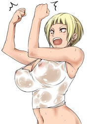 1girls areolae arms_up big_breasts blonde_hair ear_piercing earrings eyebrows eyelashes female female_only haikyuu!! hair huge_breasts large_breasts navel open_mouth piercing see-through shiny shiny_skin short_hair solo sweat tanaka_saeko_(haikyuu!!) teeth tuna21 upper_body wet white_background wide_hips