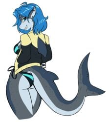 ambris anthro bikini blue blue_hair erika_(ambris) eyes grin jacket looking_at_viewer looking_back shark shark_girl