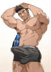 1boy 2d 2d_(artwork) 2d_artwork armpit_hair armpits black_hair body_hair bulge cock dick earrings erect_penis erection facial_hair hand_on_head hands-free hands_behind_head horny horny_male kien kienbiu leg_hair light-skinned_male light_skin male_only muscles muscular muscular_male nipples oc pecs penis precum self_insert shampoo_bottle shampoo_challenge shirtless shirtless_male short_hair solo solo_male sona sweat sweating underwear underwear_only