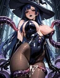 1girls ai_assisted ai_generated big_breasts cum_on_body gloves green_eyes indigo_hair latex leotard long_hair original_character pantyhose tentacle tentacle_rape tentacles usagi_yaru witch witch_hat