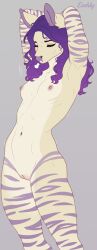 absurd_res anthro areola breasts breath ears_up equid equine evehly eyes_closed female genitals hair hands_behind_head head_down hi_res hybrid mammal navel nikki_(evehly) nipples nude nude_anthro nude_female pink_areola pink_nipples pink_vulva purple_hair purple_stripes raised_arms solo standing stretching stretching_arms stripes vulva white_breasts zebroid zonkey
