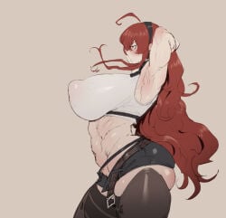 1girls abs ahoge arched_back armpits arms_behind_head arms_up blush breasts_bigger_than_head eris_greyrat exposed_midriff female_focus female_only huge_ass huge_breasts long_hair muscular muscular_female mushoku_tensei perky_nipples side_view simple_background skimpy_clothes solo solo_female stormcow stretching thick_thighs thighhighs thunder_thighs visible_nipples