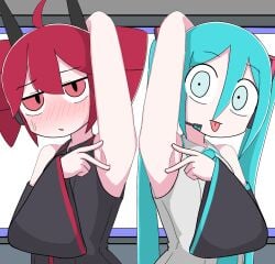 2d 2d_(artwork) 2d_artwork 2females 2girl 2girls ahoge armpit armpit_crease armpit_fetish armpit_spread armpits armpits_fetish blue_eyes blue_hair blush detached_sleeves double_ponytail drill_hair embarrassed female female_focus female_only hair hair_between_eyes hatsune_miku horns kasane_teto light-skinned_female light_skin monitor multiple_girls one_arm_up red_eyes red_hair split_dance spreading_armpit sweat sweatdrop synthesizer_v tongue tongue_out twin_drills twin_tails twintails utau utauloid vocaloid