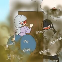 2girls about_to_poop about_to_shit anus_visible_through_clothes asshole_visible_through_clothes big_ass big_butt black_hair blushing constipated constipated_girl constipation crossed_legs desperation fart farting grey_hair hand_on_ass hand_on_butt huge_ass huge_butt knocking knocking_on_door locked_door pants_at_ankles pants_down pants_pulled_down public_bathroom scat scat_desperation shart sharting thick_ass thick_butt toilet toilet_use turtleheading untranslated waiting waiting_for_turn