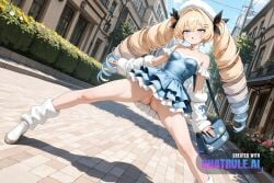 1girl ai_assisted ai_generated anime_coloring arm_warmers bare_shoulders beret black_ribbon blonde_hair blue_dress blue_eyes blue_hair cleft_of_venus detached_sleeves detailed_vagina dynamic_angle dynamic_pose erect_nipples facing_viewer female_focus frilled_dress full_body fur_hat fur_trim glossy_lips hair_between_eyes hair_intakes hair_ribbon hairclip layered_dress legs_spread multicolored_hair nikke nude off_shoulder_dress shading shadows shaved_vagina short_dress small_breasts solo solo_female spreading_legs strapless_dress thick_nipples tiny_breasts twin_drills twintails very_long_hair white_headwear yoyo
