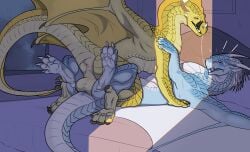 aggr.mor anus backsack balls bed bodily_fluids butt claws dragon duo european_mythology feral feral_on_feral finger_claws forked_tongue furniture genitals hi_res icewing_(wof) long_neck long_tail looking_back lying male male/male membrane_(anatomy) membranous_wings mythological_creature mythological_scalie mythology on_another on_back qibli_(wof) saliva saliva_string sandwing_(wof) scalie snout tail toe_claws tongue tongue_out western_dragon wings wings_of_fire winter_(wof)