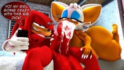 16:9 3d_(artwork) 4k absurd_res anthro balls bat big_balls big_breasts big_butt big_penis bodily_fluids breasts butt cellphone claws cum cum_in_mouth cum_inside digital_media_(artwork) duo ear_piercing ear_ring echidna electronics english_text fellatio female genital_fluids genitals hand_on_head hi_res hoop_ear_ring huge_balls huge_breasts huge_butt huge_penis hyper hyper_balls hyper_genitalia hyper_penis knuckles_the_echidna lips long_tongue male male/female mammal monotreme muscular muscular_male oral penile penis phone piercing ring_piercing rocketspuff rouge_the_bat sega selfie sex sonic_the_hedgehog_(series) speech_bubble text thick_lips thick_thighs tongue voluptuous_female widescreen