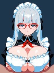 1boy 1girls animated big_breasts blue_eyes breasts female glasses grey_hair huge_breasts maid maid_headdress male paizuri paizuri_lead_by_female paizuri_on_lap paizuri_under_clothes penis pixel_art ugoira