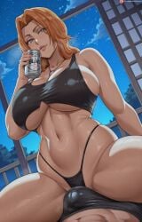 1girls ai_generated bed bedroom beer big_breasts bleach bleach:_the_thousand-year_blood_war blue_eyes curvy curvy_body curvy_female curvy_figure huge_breasts large_breasts light-skinned_female light_skin long_hair looking_at_viewer male_pov matsumoto_rangiku mature_female necklace night orange_hair seductive seductive_look shiny shiny_skin sideboob sitting sitting_on_lap sitting_on_person solo solo_female spread_legs tank_top thong underboob