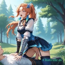 1girl ai_assisted ai_generated armored_dress blue_thighhighs chest_belt cock_in_pussy collar cowgirl creampie embarrassed embroidery feather_earrings greaves harness high_collar high_ponytail hololive inside layered_dress leaning_forward long_hair moaning outside parted_bangs pussy_sex rolling_eyes saliva see_through shaking side_view skirt source_anime stockings takanashi_kiara tree vambraces waist_cape white_shirt