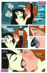 black_hair breasts clothing comic disney female female_only french_kiss green_eyes green_skin kim_possible kimberly_ann_possible kissing lesbian_sex nude red_hair shego teasecomix yuri