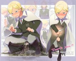 1boy 1girls attack_on_titan blonde_hair blue_eyes blush blushing cape christa_lenz embarrassed female have_to_pee historia_reiss holding_crotch male need_to_pee omorashi panties peeing peeing_self uniform uniform_female wetting wetting_self white_panties x-ray