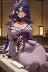 1girl 1girls ai_generated bangs bare_shoulders blush braid breasts cleavage female female_only flower genshin_impact hair_flower hair_ornament hi_res high_quality high_resolution large_breasts long_hair looking_at_viewer patreon purple_eyes purple_hair raiden_shogun sash seductive sexy sitting smile solo uncensored very_long_hair watermark
