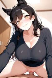 1boy 1girl ai_generated atago_(azur_lane) azur_lane bedroom big_breasts black_hair black_shirt blush breasts brown_eyes cleavage cowgirl_position dog_ears dog_girl hair_ribbon legs_spread long_hair long_sleeve_shirt naked_male nude nude_male partially_clothed penis_in_pussy pov ribbon sex ship_girl shirt smile vaginal_penetration white_ribbon