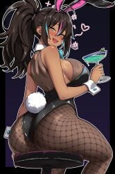 1girl 1girls absurdres animal_ear_hairband animal_ears ass ass_focus back bar_stool black_leotard blue_bow blue_bowtie blue_hair blush bodystocking bow bowtie breasts cocktail_glass collar commentary cup curvy dark-skinned_female dark_skin drinking_glass english_commentary fake_animal_ears fat_ass female fishnet_pantyhose fishnets hair_between_eyes hairband heart highleg highleg_leotard highres huge_ass indie_virtual_youtuber large_breasts leotard looking_at_viewer multicolored_hair neon_harper neon_harper_(bunnysuit) open_mouth pantyhose pink_hair playboy_bunny ponytail rabbit_ears rabbit_tail scrapy sideboob sitting solo stool streaked_hair sweat tail thighs tits virtual_youtuber vtuber white_collar white_wrist_cuffs wide_hips wrist_cuffs