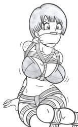 angry arms_behind_back bondage bound bound_wrists bra bulma_briefs dragon_ball dragon_ball_z gag gagged large_breasts monochrome panties short_hair sitting zalder-sm