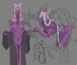 alien alien_girl alien_humanoid ambiguous_penetration answering_door black_eyes casual_sex covering_breasts covering_pussy delivery_employee dialogue droid_(star_wars) exhibitionism in_doorway in_front_of_another inviting_to_sex larger_male larger_male_smaller_female lekku lekku_(anatomy) lifting_legs markings md34 montrals navel outie_navel perky_breasts perky_nipples presenting presenting_breasts presenting_pussy purple_body purple_skin signing sketch slim slim_waist star_wars taking_off_robe thick_lips togruta trembling two-tone_lips undressing