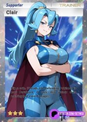 1girls ai_assisted ai_generated big_breasts blue_eyes blue_hair cape clair_(pokemon) female female_only getnise gym_leader pokemon pokemon_tcg smile strong_female waifu