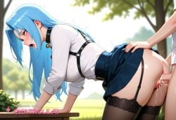 1girl ai_assisted ai_generated cock_in_pussy collar cowgirl creampie embarrassed harness inside leaning_forward moaning outside parted_bangs pussy_sex rolling_eyes saliva shaking side_view skirt solo stockings tree white_shirt