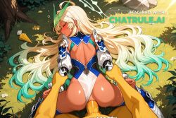 1girl ahoge ai_assisted ai_generated anal anal_sex arms_held_behind_back arms_pulled_back asleep blonde_hair blue_leotard blue_thighhighs blushing doggystyle embarrassed eyes_closed fate_grand_order gradient_hair green_eyes green_hair green_halo hypno outdoors passed_out perky_tits prone_bone rough_sex shoulder_armor sleeping tan_skin thick_cock very_long_hair wavy_hair white_leotard