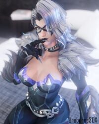 1girl artist_name belt black_bodysuit black_cat_(marvel_rivals) black_lips blender_(software) bodysuit breasts choker claws cleavage clothing domino_mask female finger_to_mouth fur_trim gloves green_eyes hair_over_one_eye large_breasts lips lipstick looking_at_viewer makeup mask sitting solo superhero uroboros3dx white_hair