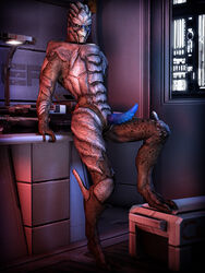 3d alien animal_genitalia asarimaniac desk garrus_vakarian genital_slit leaning leaning_back male mass_effect nude on_desk penis presenting slit solo source_filmmaker standing table turian urethra video_games