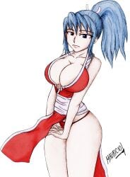 1girls big_breasts big_tits blue_eyes blue_hair eroticfanart king_of_fighters leona_heidern light-skinned_female light_skin looking_at_viewer mai_shiranui pale-skinned_female pale_skin ponytail standing thong