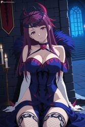 1girl 1girls ai_generated bare_shoulders blue_dress breasts candle candlestand choker cleavage digitalwaifugallery dress elbow_gloves female female_only fire fire_emblem_engage fishnet_thighhighs fishnets flower gloves halterneck head_tilt hi_res high_quality high_resolution indoors ivy_(fire_emblem) large_breasts long_hair looking_at_viewer mole off-shoulder_dress patreon pelvic_curtain purple_eyes purple_hair rose seductive sexy sitting solo thighhighs thighs uncensored watermark white_gloves