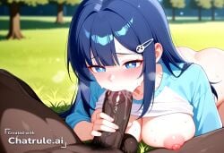 1girl ai_assisted ai_generated anime_screencap blue_eyes blue_hair dark-skinned_male hairclip honoka_yukishiro long_hair