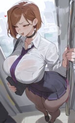 1girls ai_generated ass blush bra_visible_through_clothes breasts brown_eyes brown_hair choker collarbone curvy female female_only heart jujutsu_kaisen kugisaki_nobara large_ass large_breasts light-skinned_female light_skin looking_away necktie nervous nobara_kugisaki open_mouth shirt short_hair skirt solo stockings sweat thick thick_thighs train train_interior voluptuous voluptuous_body voluptuous_female white_shirt wide_hips