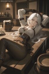 1girl ai_generated arms_up belt boots breasts ciri gloves hi_res high_quality high_resolution indoors lantern long_hair looking_at_viewer pants patreon seductive sexy shirt solo the_witcher_(series) uncensored watermark white_hair white_shirt