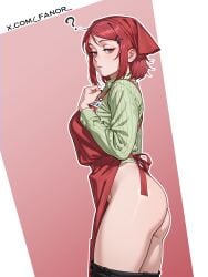 ass bare_ass clothes_pull fanor from_side large_breasts red_eyes red_hair standing super_no_ura_de_yani_suu_futari thick_thighs yamada_(super_no_ura_de_yani_suu_futari)