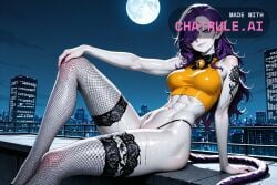 1girl abs ai_assisted ai_generated ass black_bowtie blue_eyes bottomless cat_tail choker cityscape convenient_leg cropped_shirt devious devious_smile full_moon g_string hair_over_one_eye hand_on_own_knee ii jingle_bell knee_up long_hair looking_at_viewer megami_tensei muscle_definition neck_bell oiled_body pointy_ears proud punk purple_hair rooftop seductive seductive_look serious shin_megami_tensei sitting sleeveless slit_pupils standing sultry toned topless white_skin wide_hips yellow_shirt