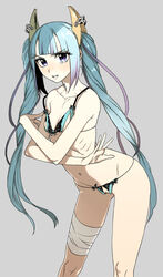 bikini blue_hair breasts crotch_cutout female female grey_background ishida-masamune_kiriko kbtmsboy multicolored_hair navel nipple_cutout pussy revealing_clothes ribs shinken!! simple_background skinny small_breasts solo swimsuit twintails