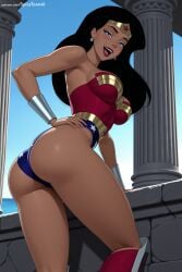 1girl ai_generated ass bare_shoulders black_hair blue_eyes breasts dark_skin dc earrings hands_on_hips hi_res high_quality high_resolution jewelry large_breasts leotard lips lipstick long_hair looking_at_viewer makeup patreon seductive sexy smile solo spicytoonai strapless thighs tiara uncensored watermark wonder_woman