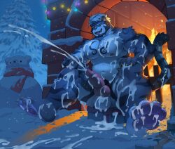 absurd_res anthro baiyushou barazoku barefoot beard biceps big_muscles big_pecs big_penis black_striped_fur black_stripes bodily_fluids christmas christmas_decorations claws cum cum_drip cum_on_body cum_on_chest cum_on_feet cum_on_ground cum_on_leg cum_on_penis cum_on_self cum_on_tail cumshot dripping ejaculation erection excessive_cum excessive_genital_fluids eyes_closed facial_hair facial_markings feet felid fire fireplace fur genital_fluids genitals gift hand_on_leg hand_on_thigh head_markings hi_res holidays knot knotted_penis kygehn lights looking_aside male mammal markings muscular muscular_male nipples outside pantherine pawpads paws pecs penis piercing pink_nipples plant pubes purple_body purple_fur sitting sitting_on_box snow snowman solo spread_legs spreading stripes tail tiger tongue tongue_out tree yellow_claws
