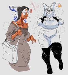 alien alien_girl alien_humanoid annoyed bag big_breasts boots chubby dress furgonomic_headwear furgonomics glasses gloves handbag headgear headwrap hot huge_breasts labcoat large_breasts leggings md34 musk_clouds star_wars sweat_stain sweaty thick_thighs togruta walking wide_hips
