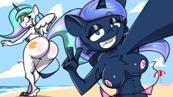 2girls ass beach birbpan bottomless breasts female my_little_pony princess_celestia_(mlp) princess_luna_(mlp) selfie tagme topless wardrobe_malfunction