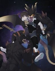 anthro balls ballsack caracal caracal_(genus) dragon felid forced genitals male/male melee_weapon muscular_anthro tokyo_afterschool_summoners tongue