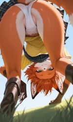 ai_generated evve female fox furry green_eyes large_breasts looking_at_viewer looking_down_at_viewer original_character panties point_of_view pov skirt teell tight_clothing upskirt vixen white_panties