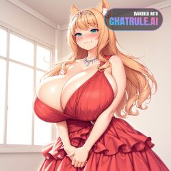 1girl 3 ai_assisted ai_generated animal_ear_fluff aroused_expression bare_shoulders bikini blush cat_ears cleavage closed_mouth curvy embarrassed enormous_breasts enormous_hips enormous_thighs frilled_dress full_body gigantic_breasts horny in_heat indoors long_dress looking_at_viewer massive_breasts medium_breasts moaning nekopara no_nose own_hands_together red_dress red_sash scenery silver_necklace single_strap sleeveless_dress smile standing tiara tiny_waist uncensored underboob v_arms voluptuous whore