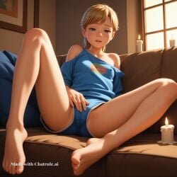 1girl ai_assisted ai_generated anime_screenshot barefoot blond_hair cameltoe candle_light candles covered_erect_nipples dark_room exposed_shoulder half_closed_eyes happy highres hotel_room inside_out leotard looking_at_viewer loose_shirt lying_on_back masturbating night on_bed parted_lips ponytail riley_andersen rubbing_crotch shorts shy small_breasts solo spread_legs viewed_from_below window