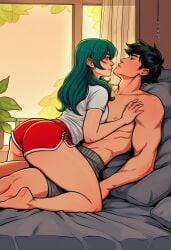 1boy 1girl ai_generated ass assertive_female barefoot bed bedroom black_hair blush boxers breasts clothing couple dolphin_shorts eye_contact face-to-face feet female girl_on_top green_hair hand_on_another's_chest hetero imminent_kiss indoors kiriko_(overwatch) long_hair looking_at_another lying_on_person male male_underwear muscular muscular_male on_bed overwatch pillow plant red_shorts shirt short_hair short_shorts short_sleeves shorts smile straddling t-shirt thick_thighs thighs topless_male underwear white_shirt window
