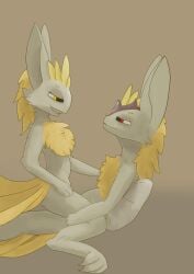 4_toes absurd_res anthro big_ears blonde_hair chest_fur claws demigod duo eye_contact feathers feet female fur gev_ai hair hi_res hybrid kemono looking_at_another male male/female penetration pillow red_eyes sitting sitting_on_another tiara_only toe_claws toes vaginal vaginal_penetration yellow_body yellow_eyes yellow_feather_hair yellow_feathers yellow_fur yellow_tail_feathers