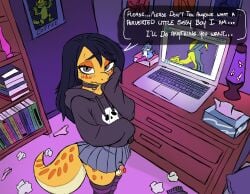 2026 absurd_res anthro balls black_eyebrows black_hair blush blush_lines book bookshelf bottomwear clothing collar computer crossdressing_male detailed_background dialogue electronics eublepharid eyebrows eyelashes femboy furniture gecko genitals hair hi_res hoodie humanoid_genitalia humanoid_penis inside lamp laptop lava_lamp legwear leopard_gecko lizard looking_at_porn looking_at_viewer male milo_(slipperydragon) mouth_closed orange_spots oversized_clothing oversized_hoodie oversized_topwear panties pattern_clothing pattern_legwear pattern_thigh_highs penis pillow pornography poster purple_clothing purple_legwear purple_thigh_highs reptile scalie skirt skull_symbol slipperydragon solo speech_bubble spots standing striped_clothing striped_legwear striped_thigh_highs stripes tail text thigh_highs tissue tissue_box topwear toy underwear white_text