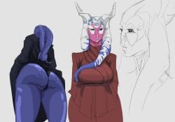 alien alien_girl alien_humanoid arms_crossed arms_crossed_under_breasts big_ass big_breasts blue_body blue_skin facial_piercing furgonomic_headwear furgonomics jewelry large_ass large_breasts lekku md34 montrals panties piercing pink_skin robe sketch star_wars stripes_(marking) togruta wide_hips worm's-eye_view