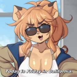 1girl :3 animal_ear_fluff animal_ears breasts brown_hair brown_jacket cat_ears cat_girl cleavage jacket large_breasts looking_at_viewer lucyfer medium_hair meme open_mouth original shirt smile solo sunglasses