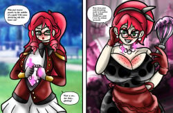 apron before_and_after big_breasts breast_expansion breasts cleavage domestication earrings feminization femsub freckles freckles_on_breasts freckles_on_face gaminglover glasses gloves green_eyes happy_trance huge_breasts hypnosis hypnotic_accessory hypnotized jewelry large_breasts milf milfification necklace red_hair spiral_eyes stepfordization symbol_in_eyes text transformation