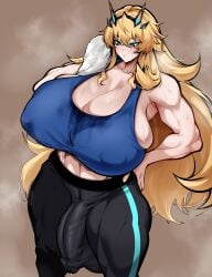 1futa after_workout barghest_(gawain)_(fate) breasts_bigger_than_head bulge bulge_through_clothing bulge_under_clothes fate/grand_order fate_(series) futanari hair_ornament hand_on_hip huge_ass huge_balls huge_breasts huge_cock hung_futa mostly_clothed muscular muscular_arms muscular_futa no_bra owner_(artist) solo solo_futa steam steaming_body steamy_breath sweat sweatdrop sweating thunder_thighs visible_nipples wet wet_clothes
